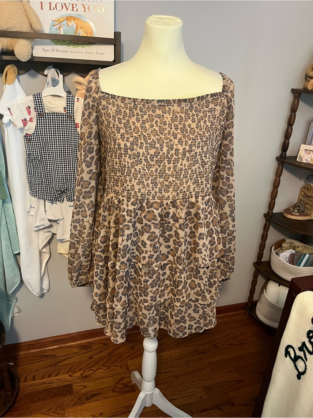 Express Leopard print long sleeve romper w/ ruffle hem. Size XL #leopardprint